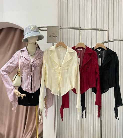 Collor Down Lace Tie Up Long Sleeves Tops